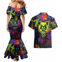 Graffiti Hip Hop Couples Matching Mermaid Dress and Hawaiian Shirt with Neon Bear and Street Artist Panda Design - Wonder Print Shop