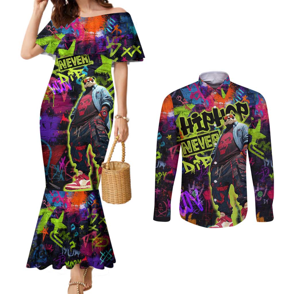 Graffiti Hip Hop Couples Matching Mermaid Dress and Long Sleeve Button Shirt with Neon Bear and Street Artist Panda Design - Wonder Print Shop