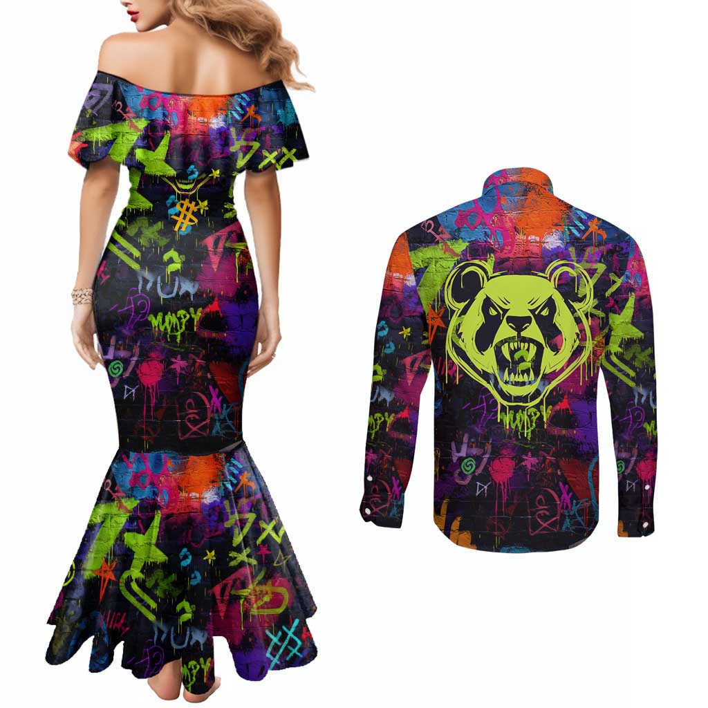 Graffiti Hip Hop Couples Matching Mermaid Dress and Long Sleeve Button Shirt with Neon Bear and Street Artist Panda Design - Wonder Print Shop