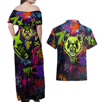 Graffiti Hip Hop Couples Matching Off Shoulder Maxi Dress and Hawaiian Shirt with Neon Bear and Street Artist Panda Design - Wonder Print Shop