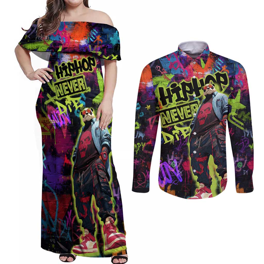 Graffiti Hip Hop Couples Matching Off Shoulder Maxi Dress and Long Sleeve Button Shirt with Neon Bear and Street Artist Panda Design - Wonder Print Shop