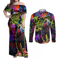 Graffiti Hip Hop Couples Matching Off Shoulder Maxi Dress and Long Sleeve Button Shirt with Neon Bear and Street Artist Panda Design - Wonder Print Shop