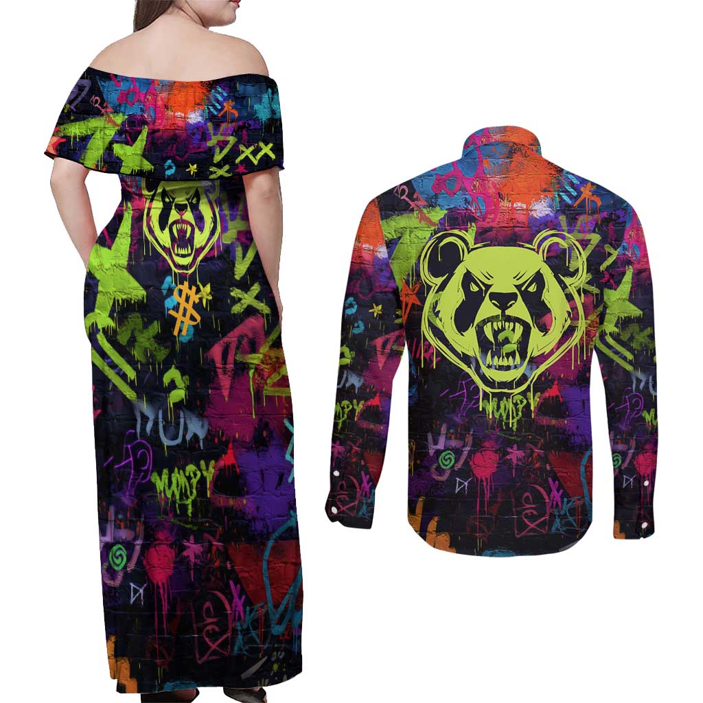 Graffiti Hip Hop Couples Matching Off Shoulder Maxi Dress and Long Sleeve Button Shirt with Neon Bear and Street Artist Panda Design - Wonder Print Shop