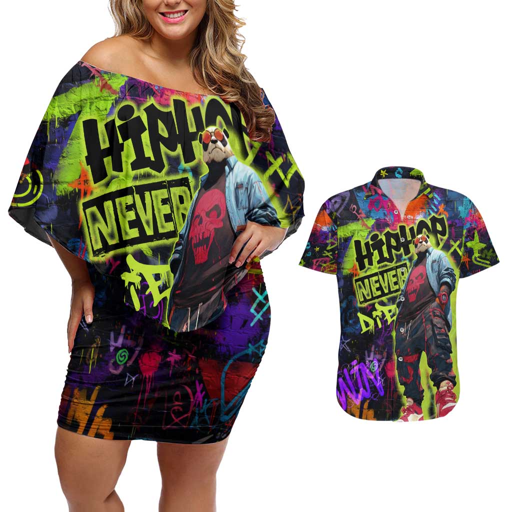 Graffiti Hip Hop Couples Matching Off Shoulder Short Dress and Hawaiian Shirt with Neon Bear and Street Artist Panda Design - Wonder Print Shop