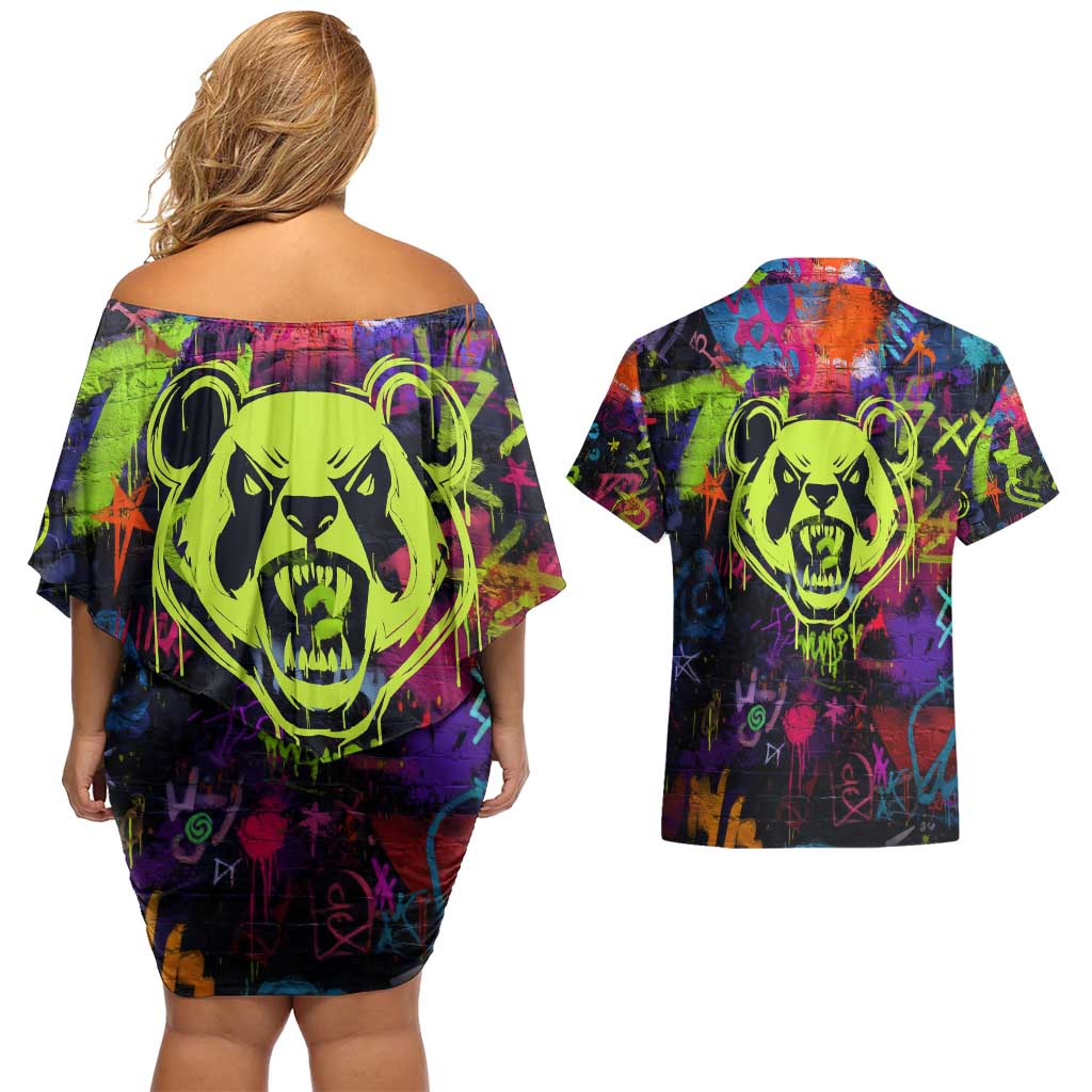 Graffiti Hip Hop Couples Matching Off Shoulder Short Dress and Hawaiian Shirt with Neon Bear and Street Artist Panda Design - Wonder Print Shop