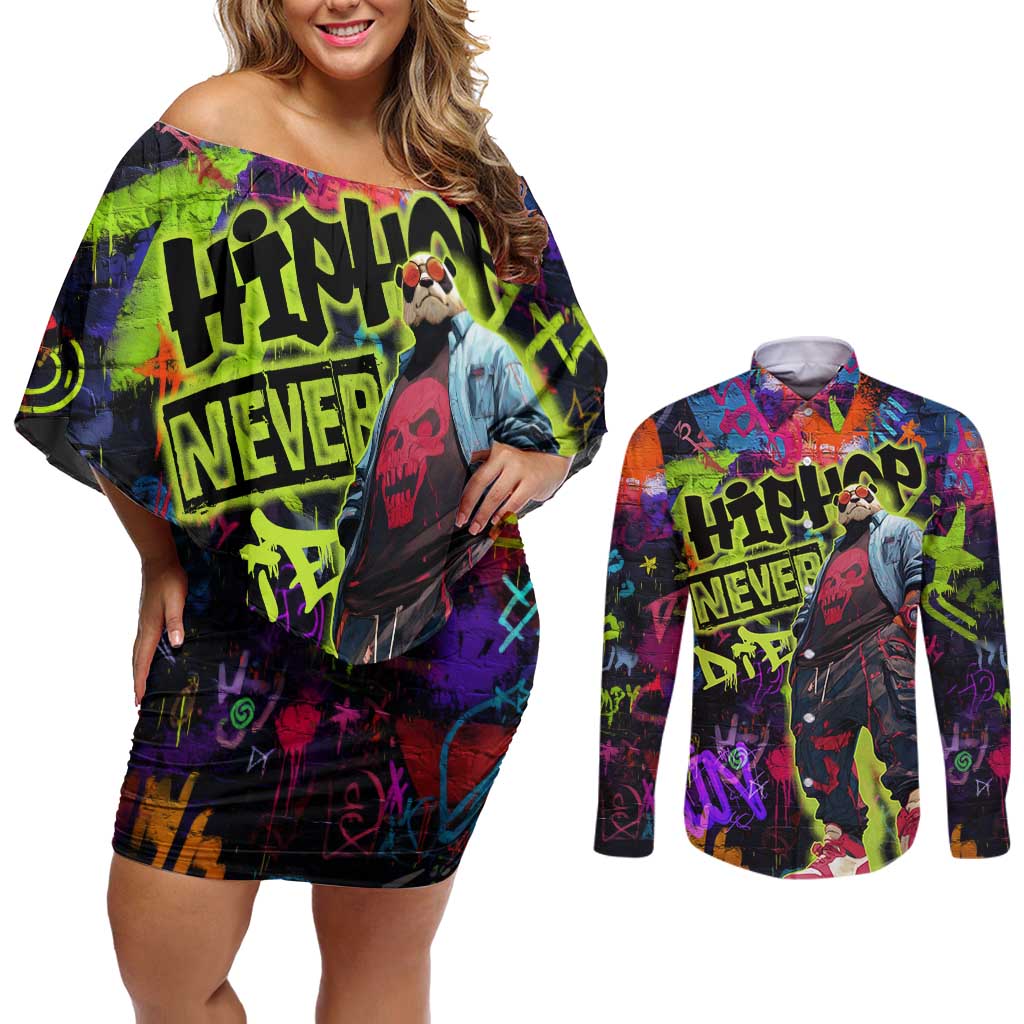 Graffiti Hip Hop Couples Matching Off Shoulder Short Dress and Long Sleeve Button Shirt with Neon Bear and Street Artist Panda Design - Wonder Print Shop