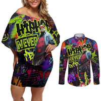 Graffiti Hip Hop Couples Matching Off Shoulder Short Dress and Long Sleeve Button Shirt with Neon Bear and Street Artist Panda Design - Wonder Print Shop