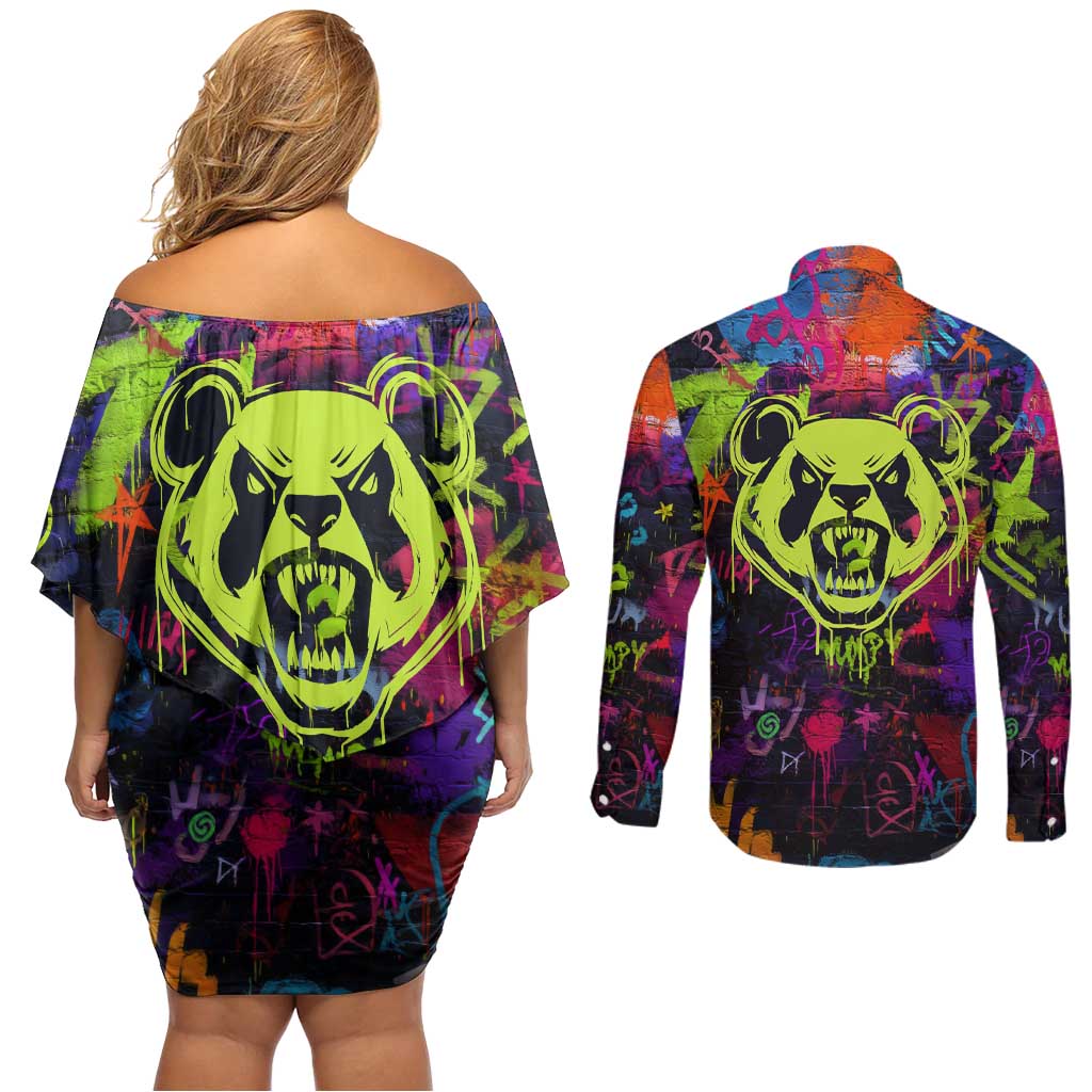 Graffiti Hip Hop Couples Matching Off Shoulder Short Dress and Long Sleeve Button Shirt with Neon Bear and Street Artist Panda Design - Wonder Print Shop