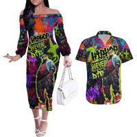 Graffiti Hip Hop Couples Matching Off The Shoulder Long Sleeve Dress and Hawaiian Shirt with Neon Bear and Street Artist Panda Design - Wonder Print Shop