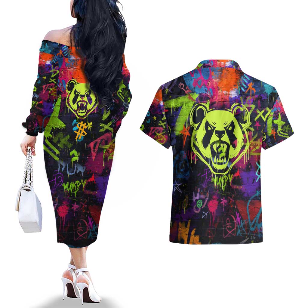 Graffiti Hip Hop Couples Matching Off The Shoulder Long Sleeve Dress and Hawaiian Shirt with Neon Bear and Street Artist Panda Design - Wonder Print Shop