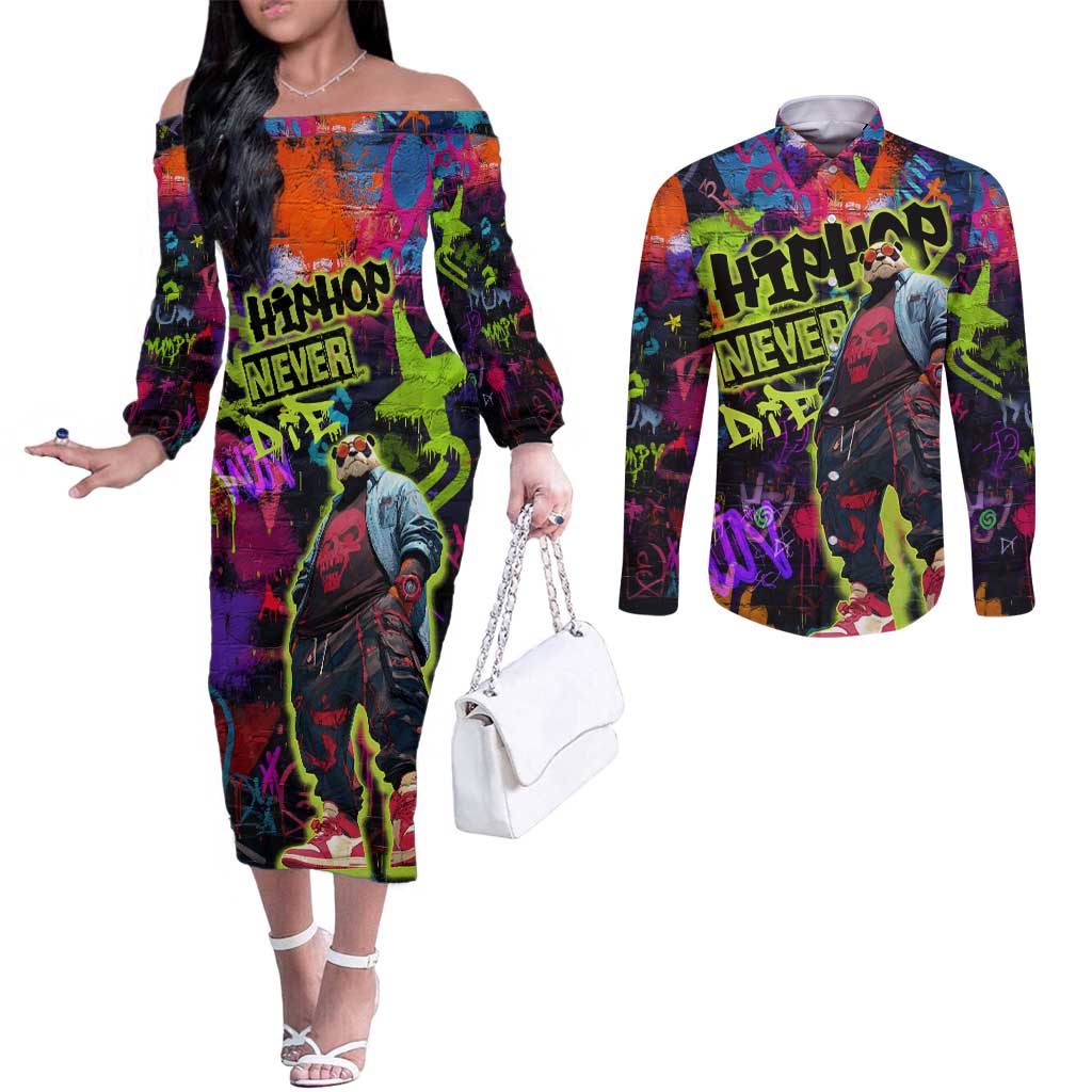 Graffiti Hip Hop Couples Matching Off The Shoulder Long Sleeve Dress and Long Sleeve Button Shirt with Neon Bear and Street Artist Panda Design - Wonder Print Shop
