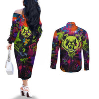 Graffiti Hip Hop Couples Matching Off The Shoulder Long Sleeve Dress and Long Sleeve Button Shirt with Neon Bear and Street Artist Panda Design - Wonder Print Shop