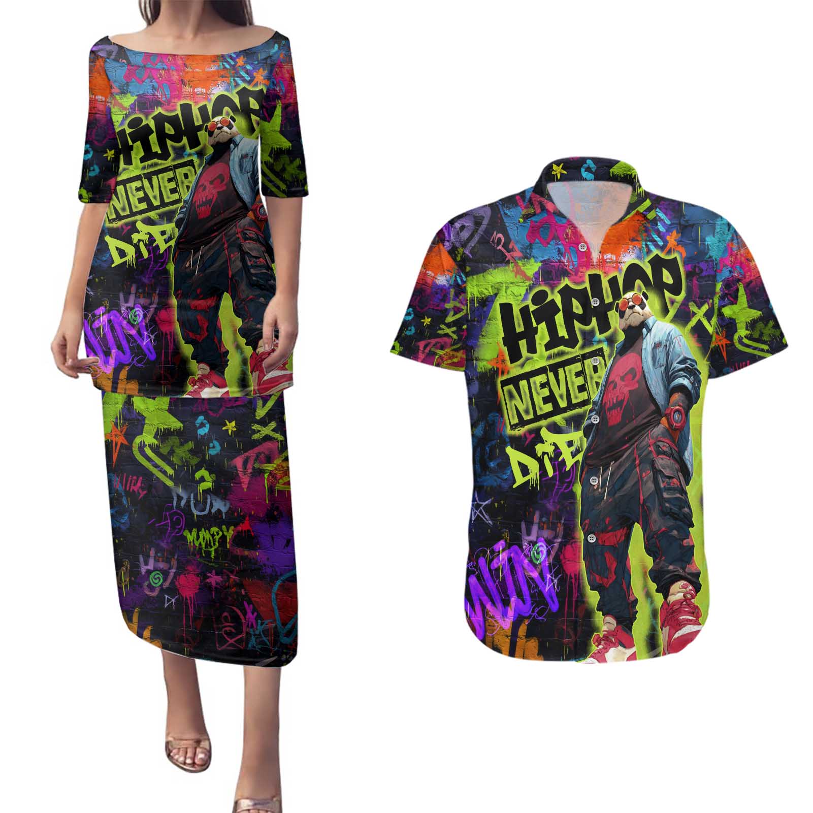 Graffiti Hip Hop Couples Matching Puletasi and Hawaiian Shirt with Neon Bear and Street Artist Panda Design - Wonder Print Shop