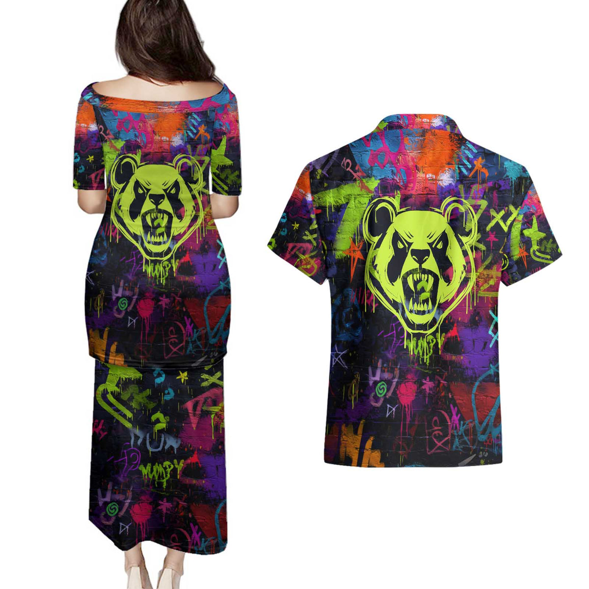 Graffiti Hip Hop Couples Matching Puletasi and Hawaiian Shirt with Neon Bear and Street Artist Panda Design - Wonder Print Shop