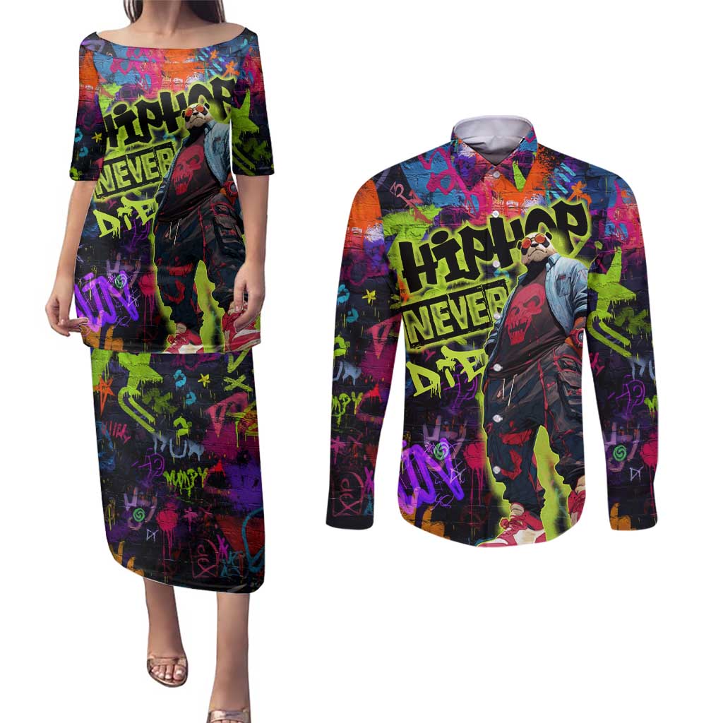 Graffiti Hip Hop Couples Matching Puletasi and Long Sleeve Button Shirt with Neon Bear and Street Artist Panda Design - Wonder Print Shop
