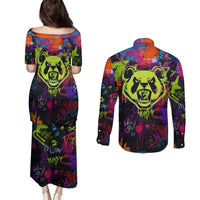 Graffiti Hip Hop Couples Matching Puletasi and Long Sleeve Button Shirt with Neon Bear and Street Artist Panda Design - Wonder Print Shop