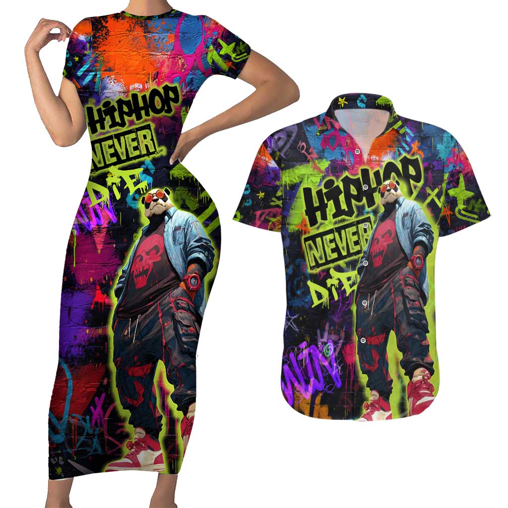 Graffiti Hip Hop Couples Matching Short Sleeve Bodycon Dress and Hawaiian Shirt with Neon Bear and Street Artist Panda Design - Wonder Print Shop