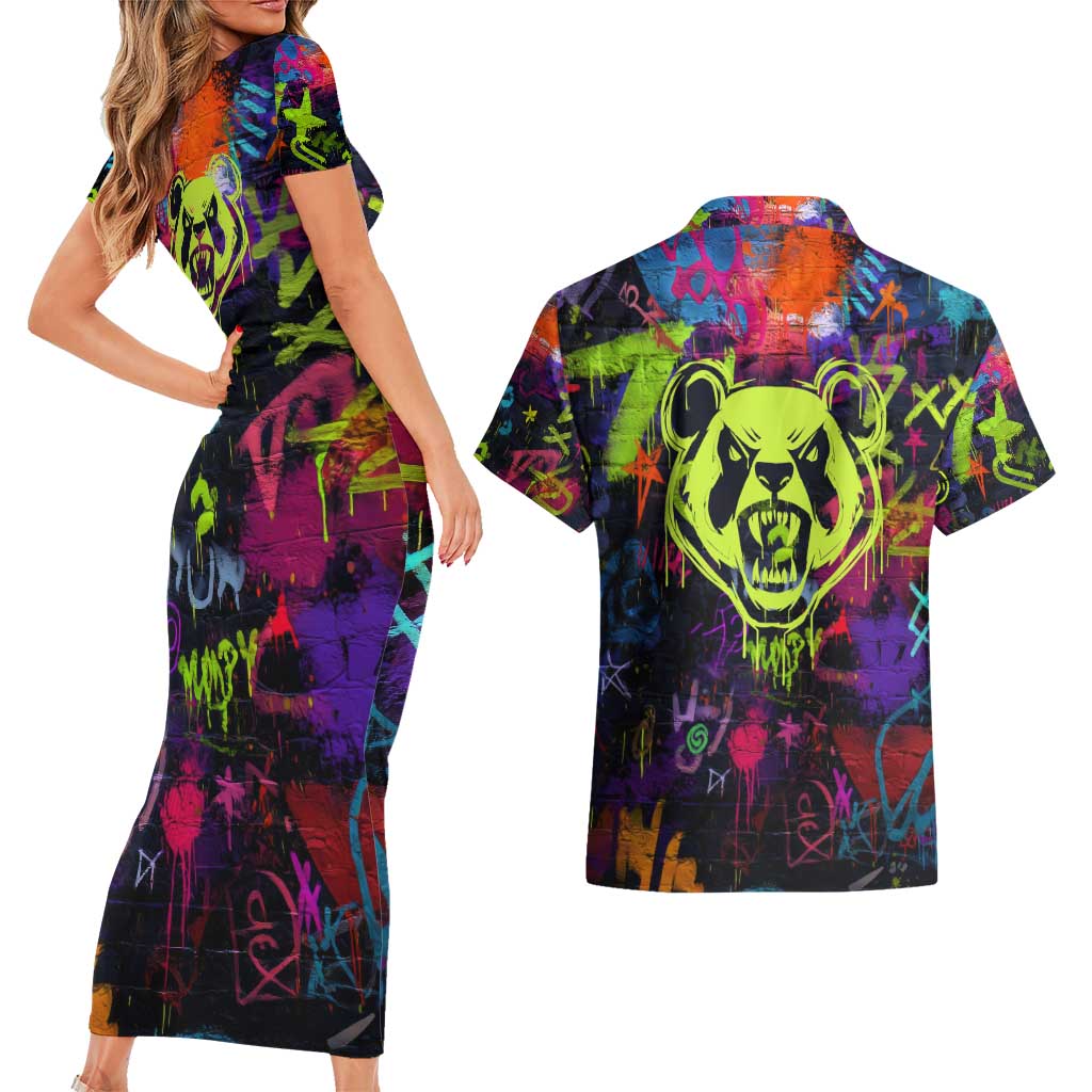 Graffiti Hip Hop Couples Matching Short Sleeve Bodycon Dress and Hawaiian Shirt with Neon Bear and Street Artist Panda Design - Wonder Print Shop