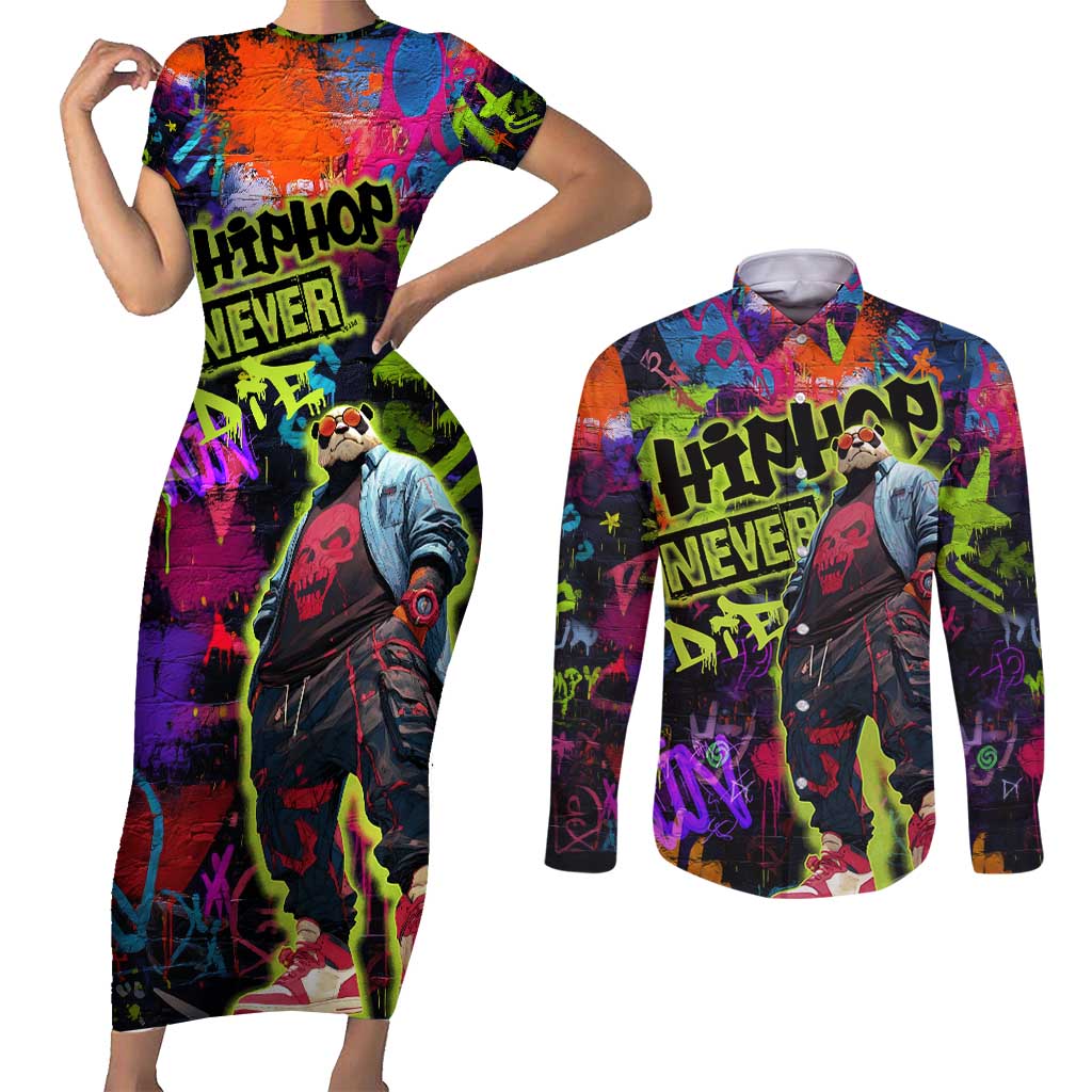 Graffiti Hip Hop Couples Matching Short Sleeve Bodycon Dress and Long Sleeve Button Shirt with Neon Bear and Street Artist Panda Design - Wonder Print Shop