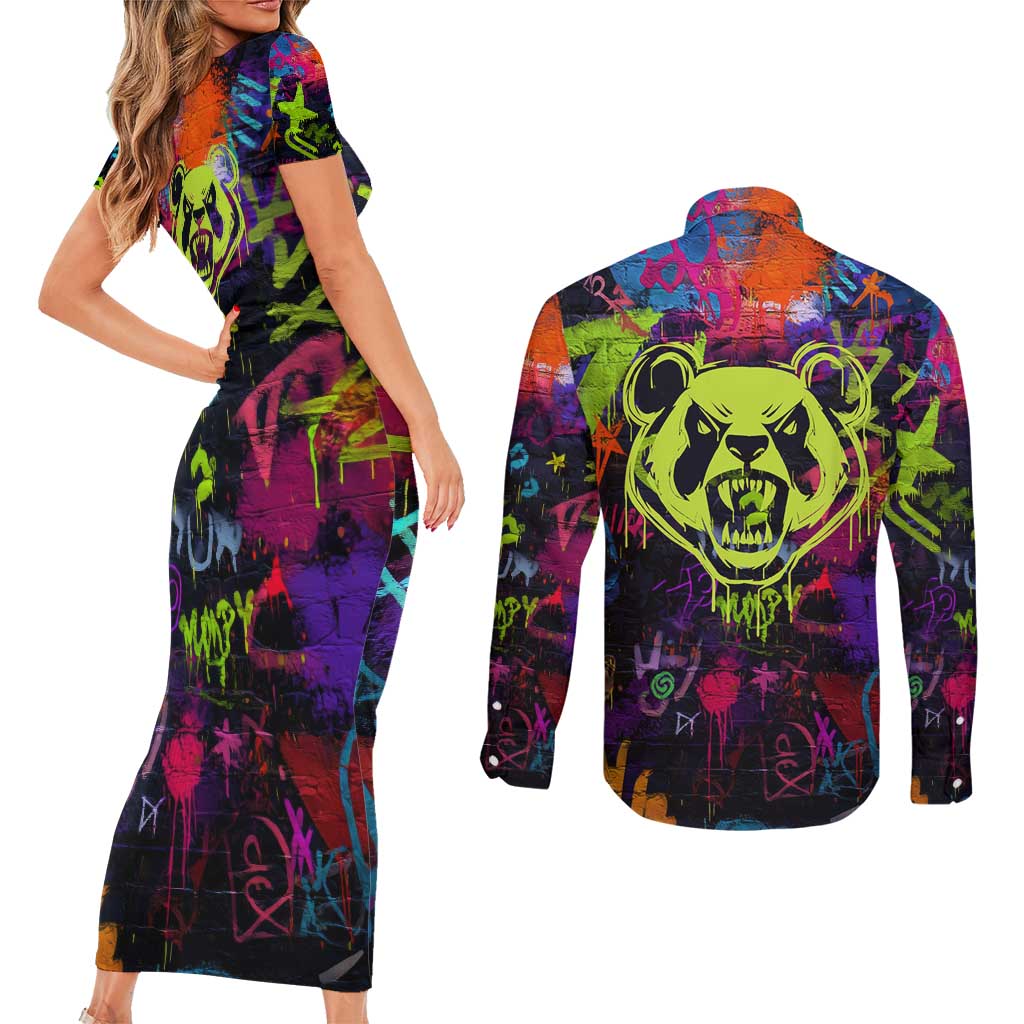 Graffiti Hip Hop Couples Matching Short Sleeve Bodycon Dress and Long Sleeve Button Shirt with Neon Bear and Street Artist Panda Design - Wonder Print Shop