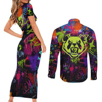 Graffiti Hip Hop Couples Matching Short Sleeve Bodycon Dress and Long Sleeve Button Shirt with Neon Bear and Street Artist Panda Design - Wonder Print Shop