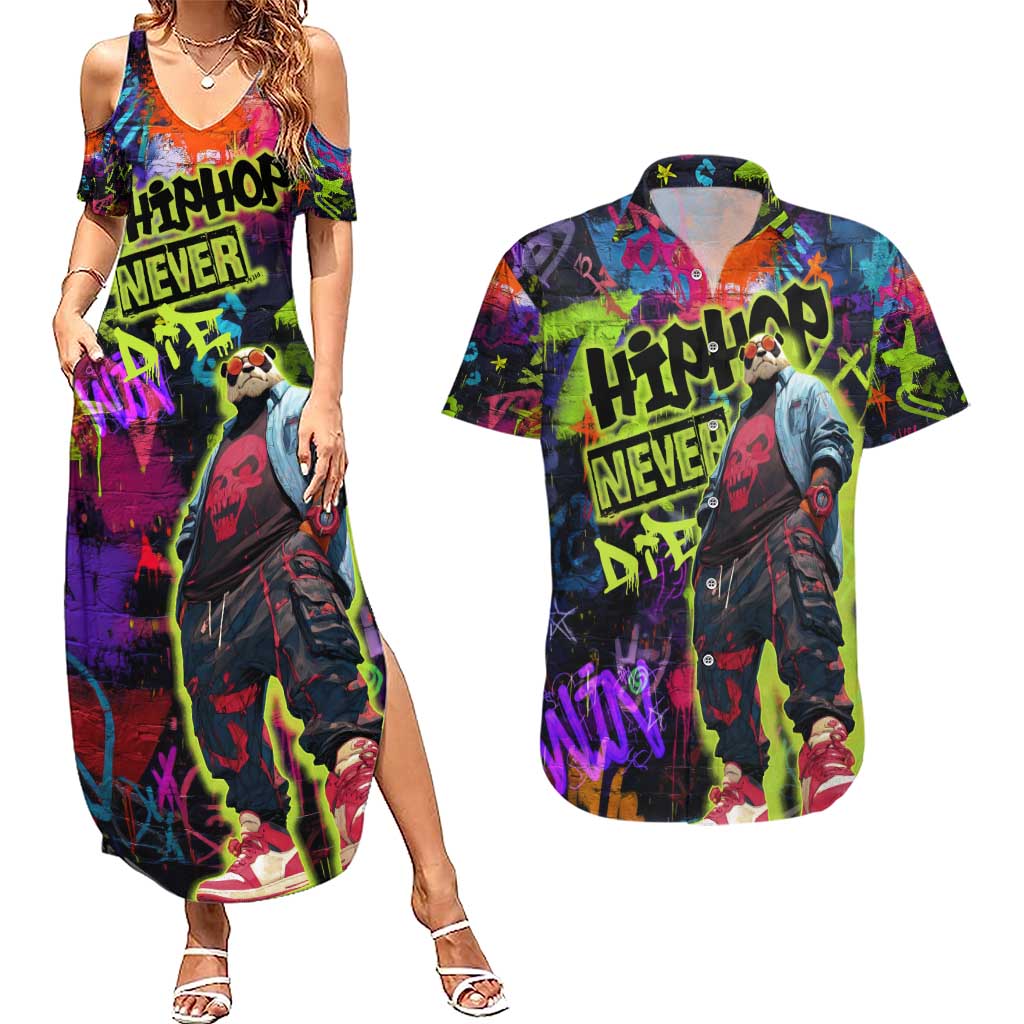 Graffiti Hip Hop Couples Matching Summer Maxi Dress and Hawaiian Shirt with Neon Bear and Street Artist Panda Design - Wonder Print Shop