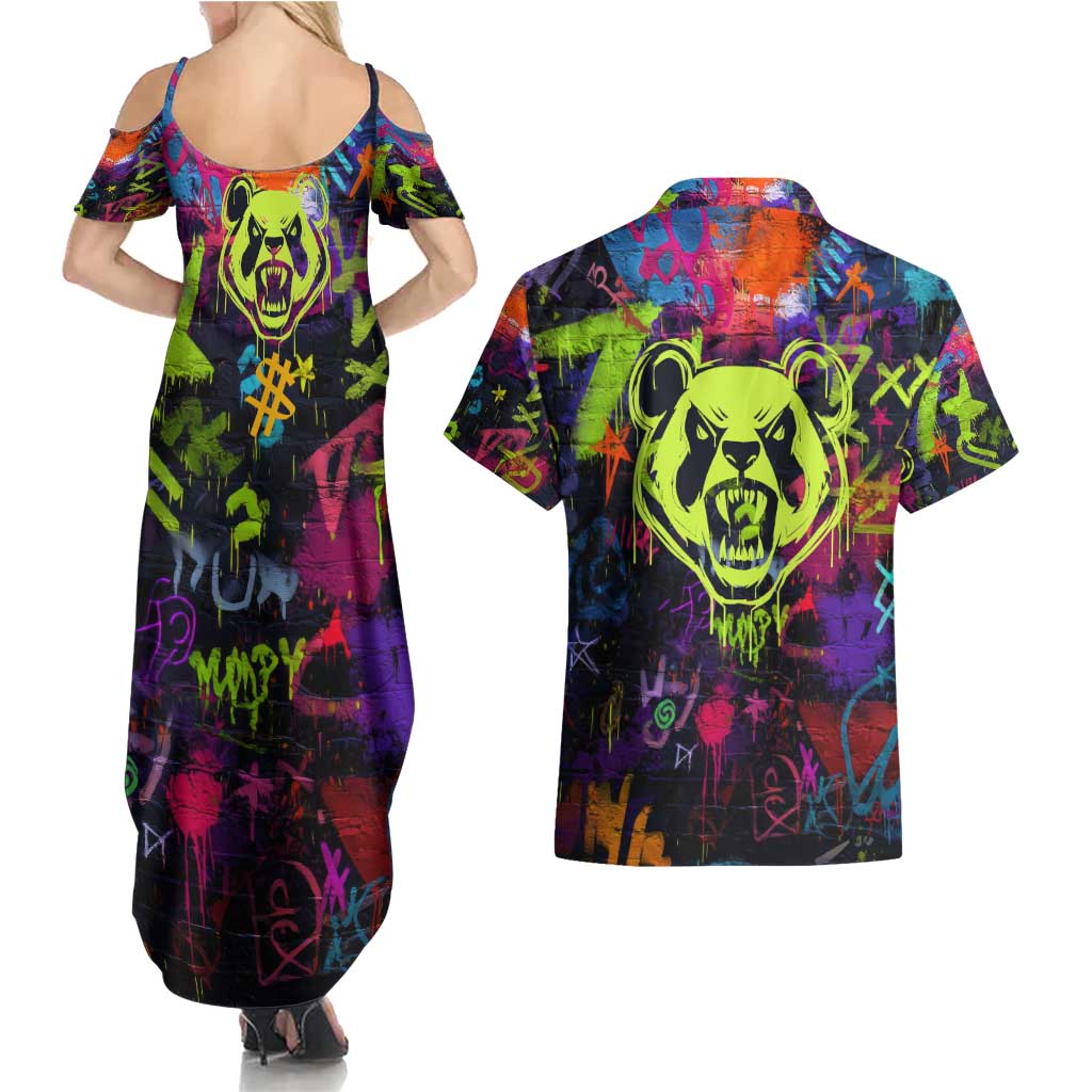 Graffiti Hip Hop Couples Matching Summer Maxi Dress and Hawaiian Shirt with Neon Bear and Street Artist Panda Design - Wonder Print Shop