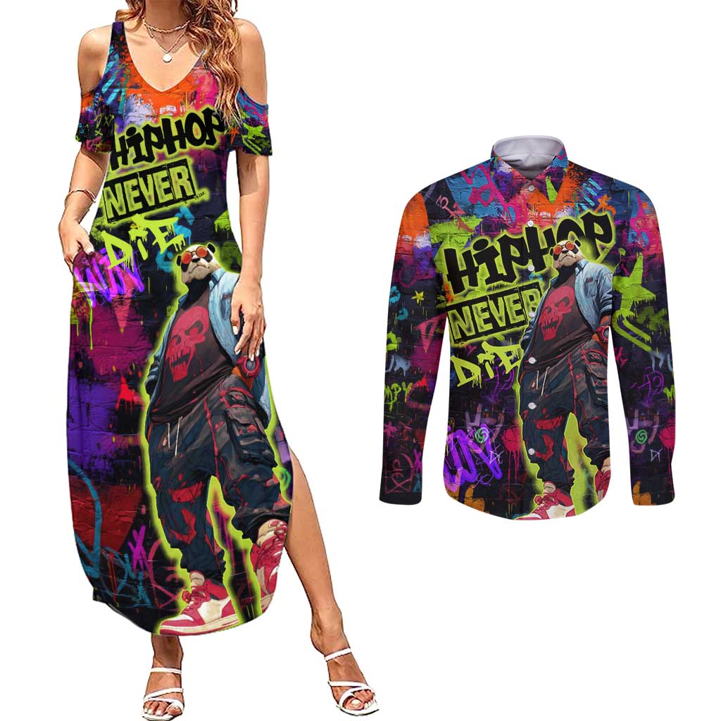 Graffiti Hip Hop Couples Matching Summer Maxi Dress and Long Sleeve Button Shirt with Neon Bear and Street Artist Panda Design - Wonder Print Shop