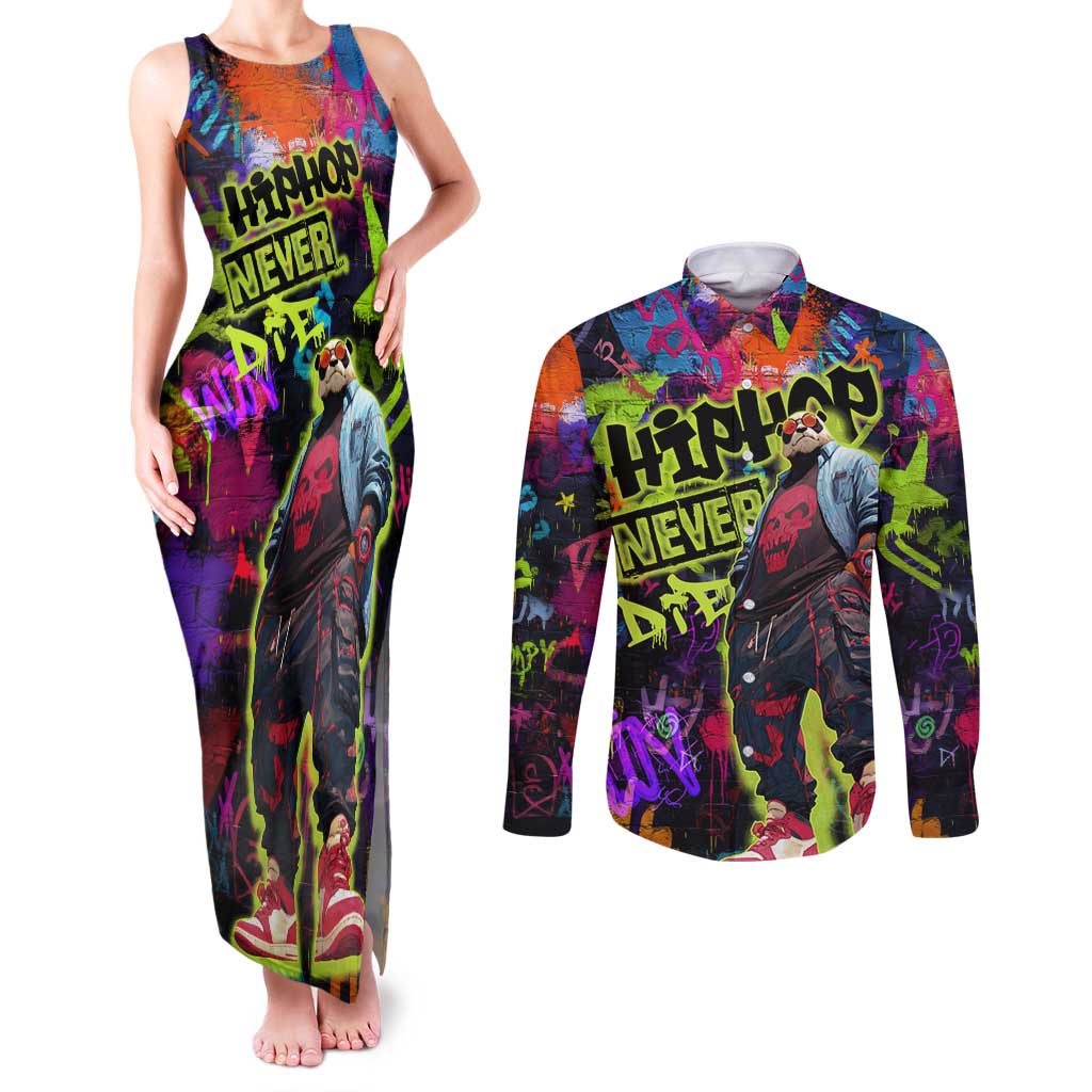 Graffiti Hip Hop Couples Matching Tank Maxi Dress and Long Sleeve Button Shirt with Neon Bear and Street Artist Panda Design - Wonder Print Shop