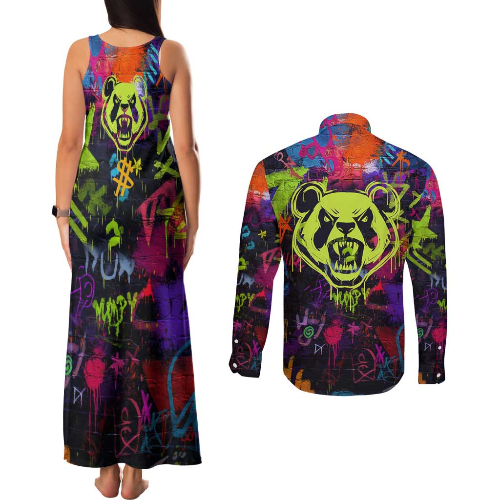 Graffiti Hip Hop Couples Matching Tank Maxi Dress and Long Sleeve Button Shirt with Neon Bear and Street Artist Panda Design - Wonder Print Shop