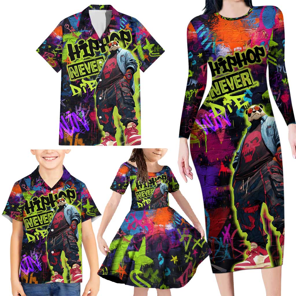 Graffiti Hip Hop Family Matching Long Sleeve Bodycon Dress and Hawaiian Shirt with Neon Bear and Street Artist Panda Design - Wonder Print Shop