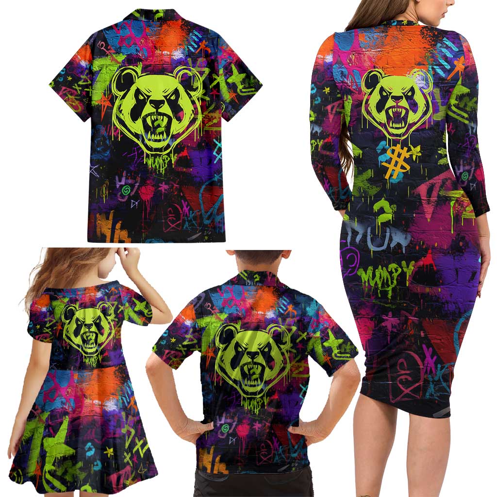 Graffiti Hip Hop Family Matching Long Sleeve Bodycon Dress and Hawaiian Shirt with Neon Bear and Street Artist Panda Design - Wonder Print Shop