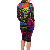 Graffiti Hip Hop Family Matching Long Sleeve Bodycon Dress and Hawaiian Shirt with Neon Bear and Street Artist Panda Design - Wonder Print Shop