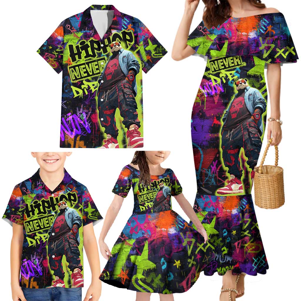 Graffiti Hip Hop Family Matching Mermaid Dress and Hawaiian Shirt with Neon Bear and Street Artist Panda Design - Wonder Print Shop