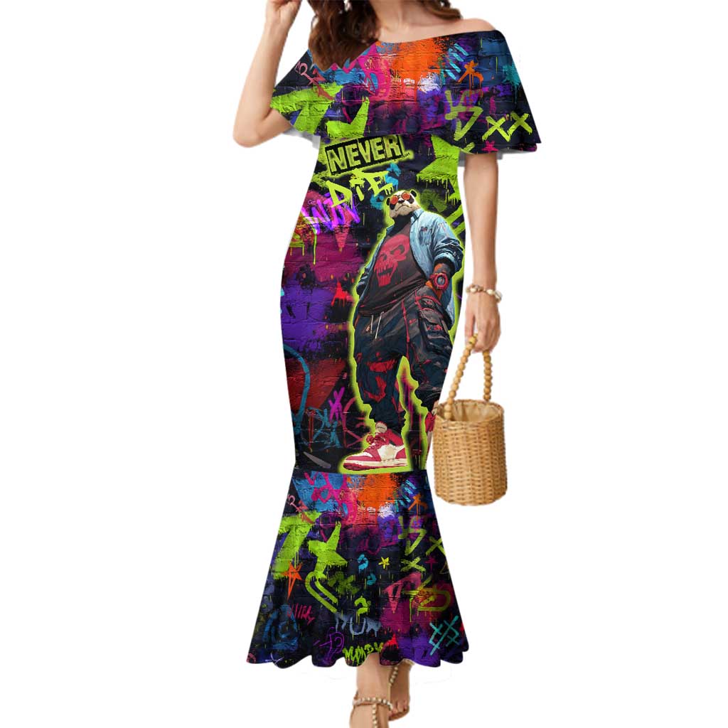 Graffiti Hip Hop Family Matching Mermaid Dress and Hawaiian Shirt with Neon Bear and Street Artist Panda Design - Wonder Print Shop