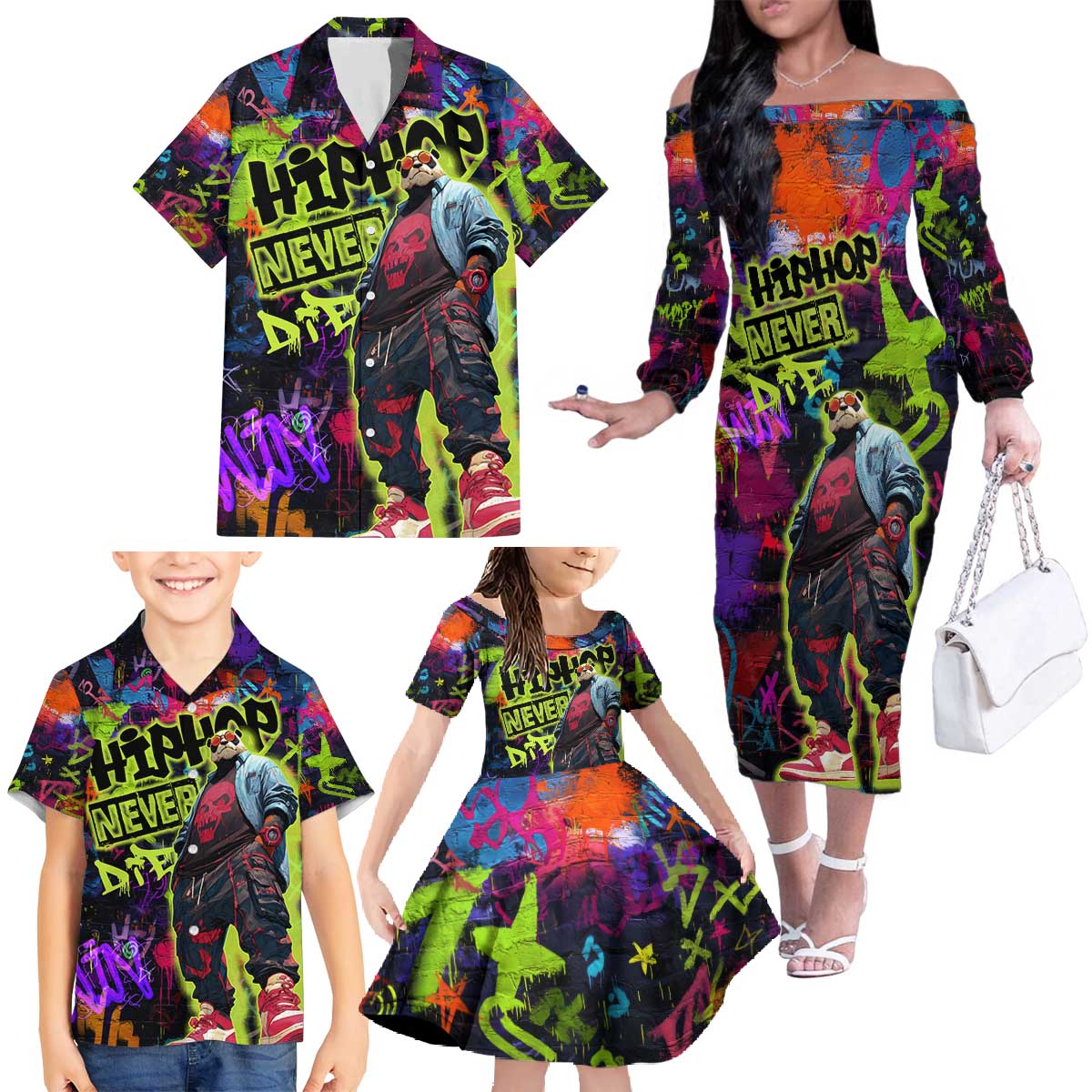 Graffiti Hip Hop Family Matching Off The Shoulder Long Sleeve Dress and Hawaiian Shirt with Neon Bear and Street Artist Panda Design - Wonder Print Shop
