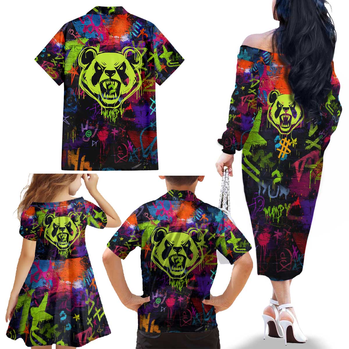 Graffiti Hip Hop Family Matching Off The Shoulder Long Sleeve Dress and Hawaiian Shirt with Neon Bear and Street Artist Panda Design - Wonder Print Shop