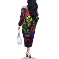 Graffiti Hip Hop Family Matching Off The Shoulder Long Sleeve Dress and Hawaiian Shirt with Neon Bear and Street Artist Panda Design - Wonder Print Shop