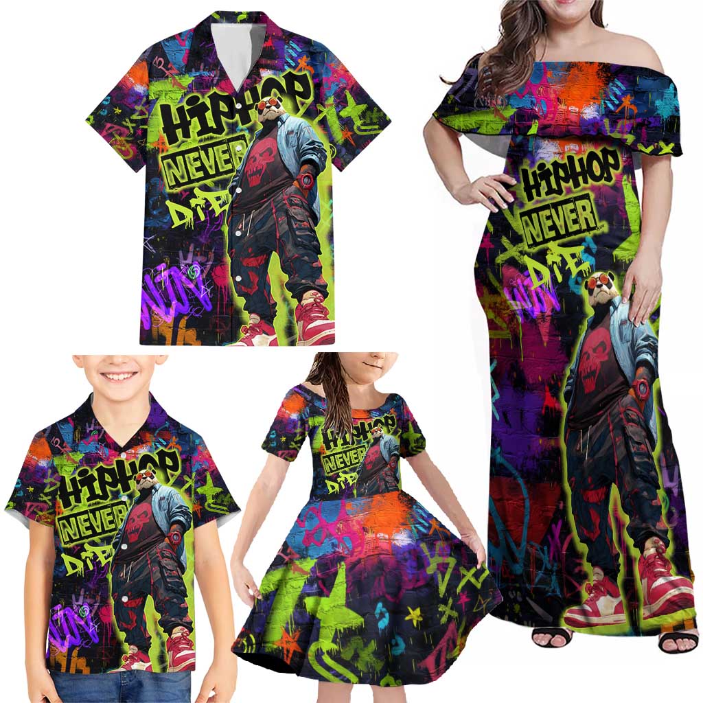 Graffiti Hip Hop Family Matching Off Shoulder Maxi Dress and Hawaiian Shirt with Neon Bear and Street Artist Panda Design - Wonder Print Shop