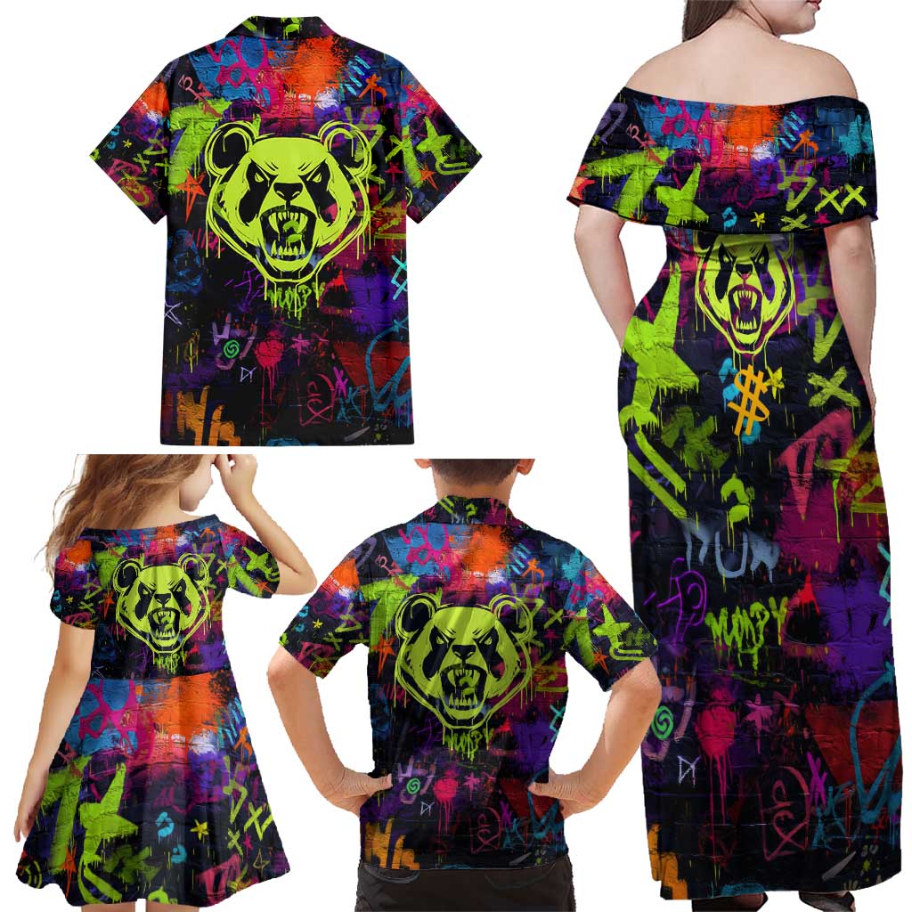 Graffiti Hip Hop Family Matching Off Shoulder Maxi Dress and Hawaiian Shirt with Neon Bear and Street Artist Panda Design - Wonder Print Shop