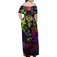 Graffiti Hip Hop Family Matching Off Shoulder Maxi Dress and Hawaiian Shirt with Neon Bear and Street Artist Panda Design - Wonder Print Shop