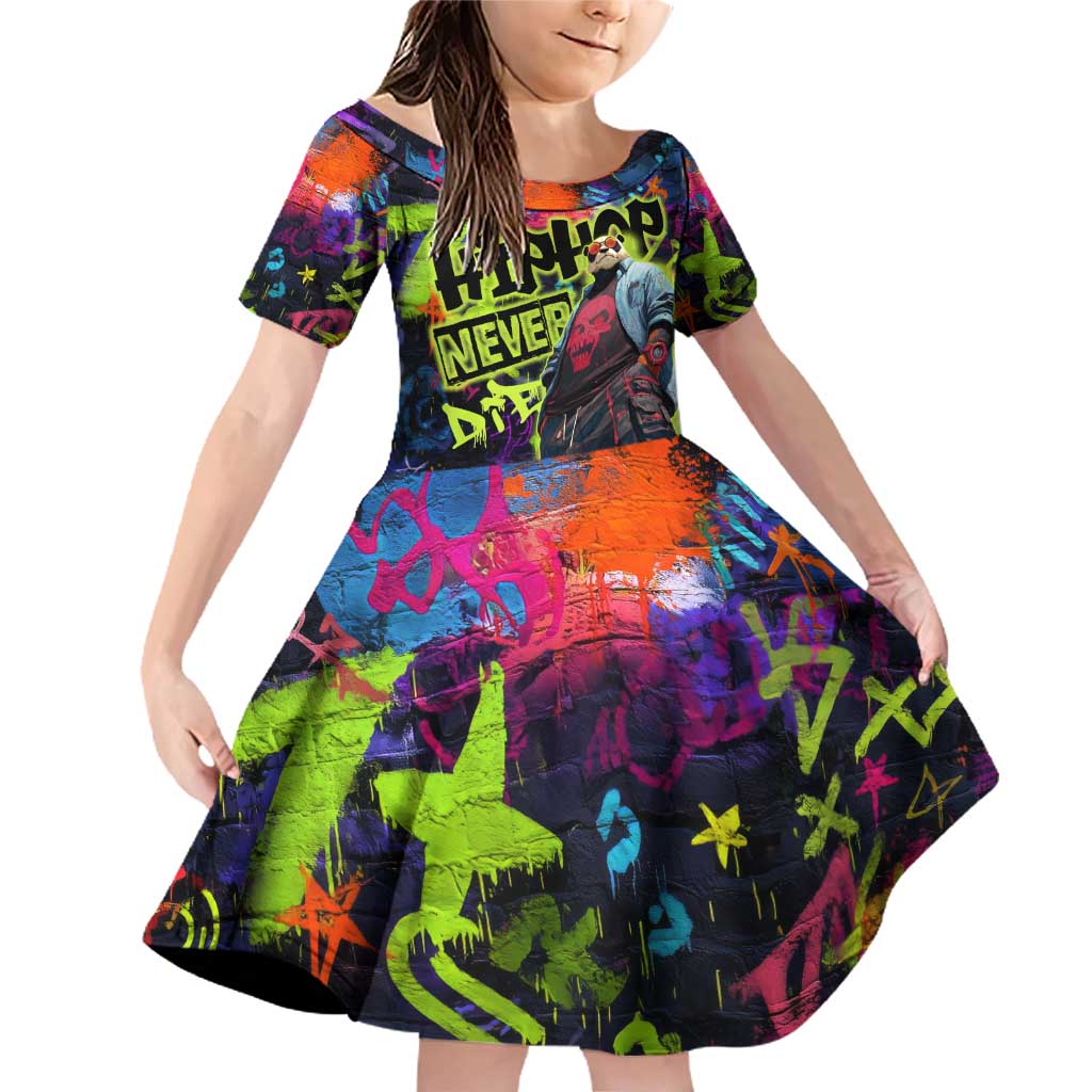 Graffiti Hip Hop Family Matching Off Shoulder Short Dress and Hawaiian Shirt with Neon Bear and Street Artist Panda Design - Wonder Print Shop