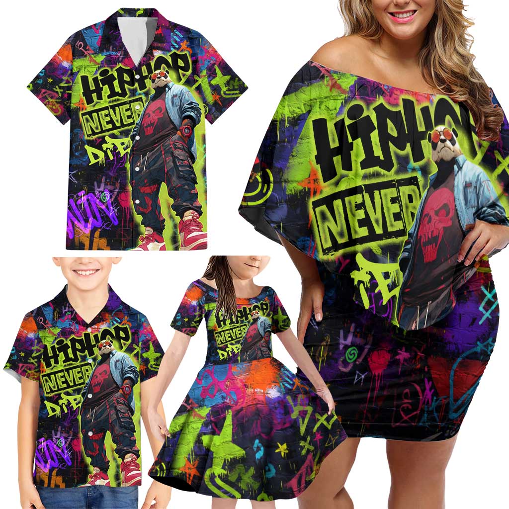 Graffiti Hip Hop Family Matching Off Shoulder Short Dress and Hawaiian Shirt with Neon Bear and Street Artist Panda Design - Wonder Print Shop