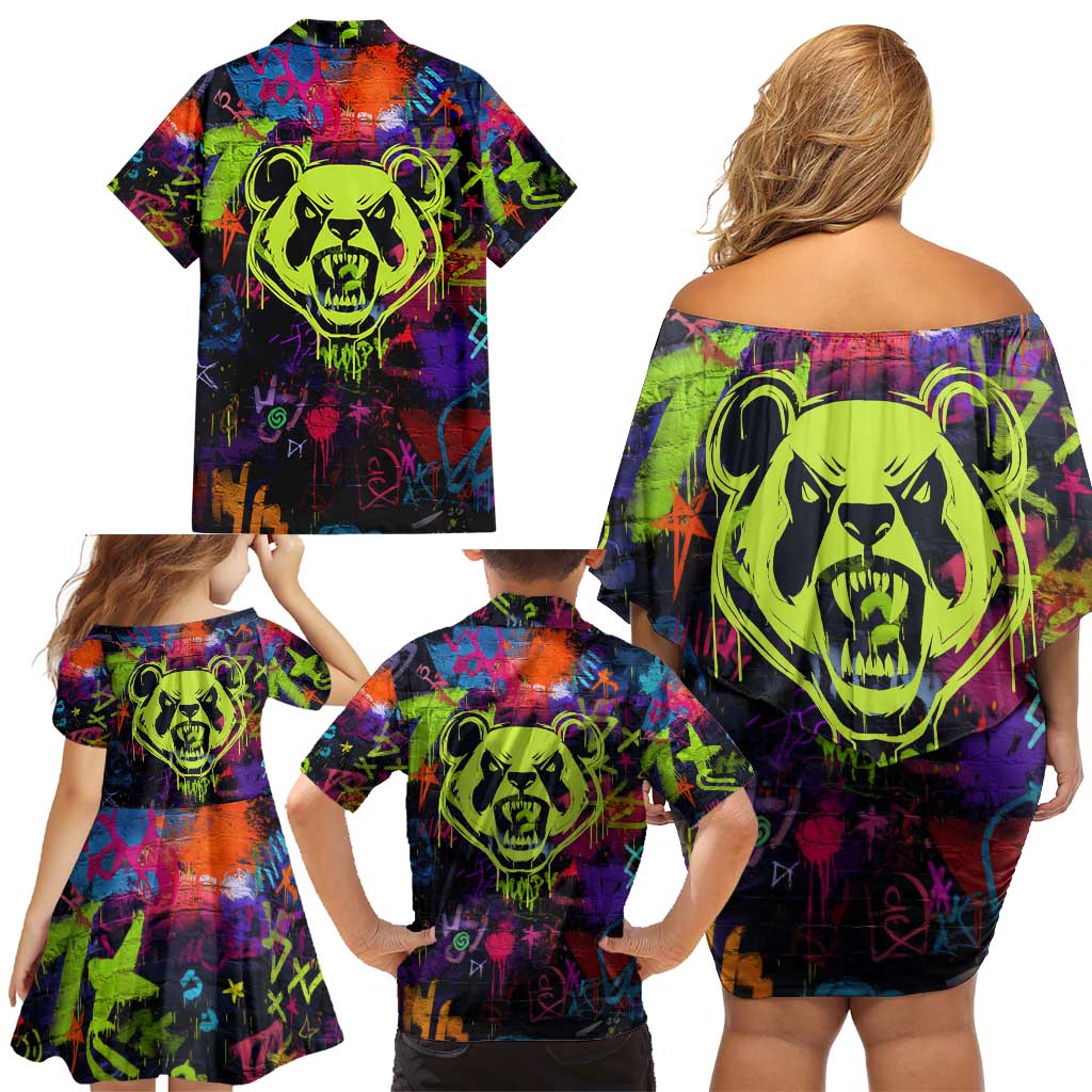 Graffiti Hip Hop Family Matching Off Shoulder Short Dress and Hawaiian Shirt with Neon Bear and Street Artist Panda Design - Wonder Print Shop