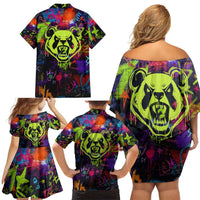 Graffiti Hip Hop Family Matching Off Shoulder Short Dress and Hawaiian Shirt with Neon Bear and Street Artist Panda Design - Wonder Print Shop