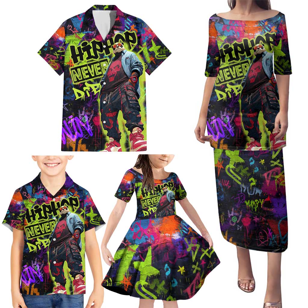 Graffiti Hip Hop Family Matching Puletasi and Hawaiian Shirt with Neon Bear and Street Artist Panda Design - Wonder Print Shop