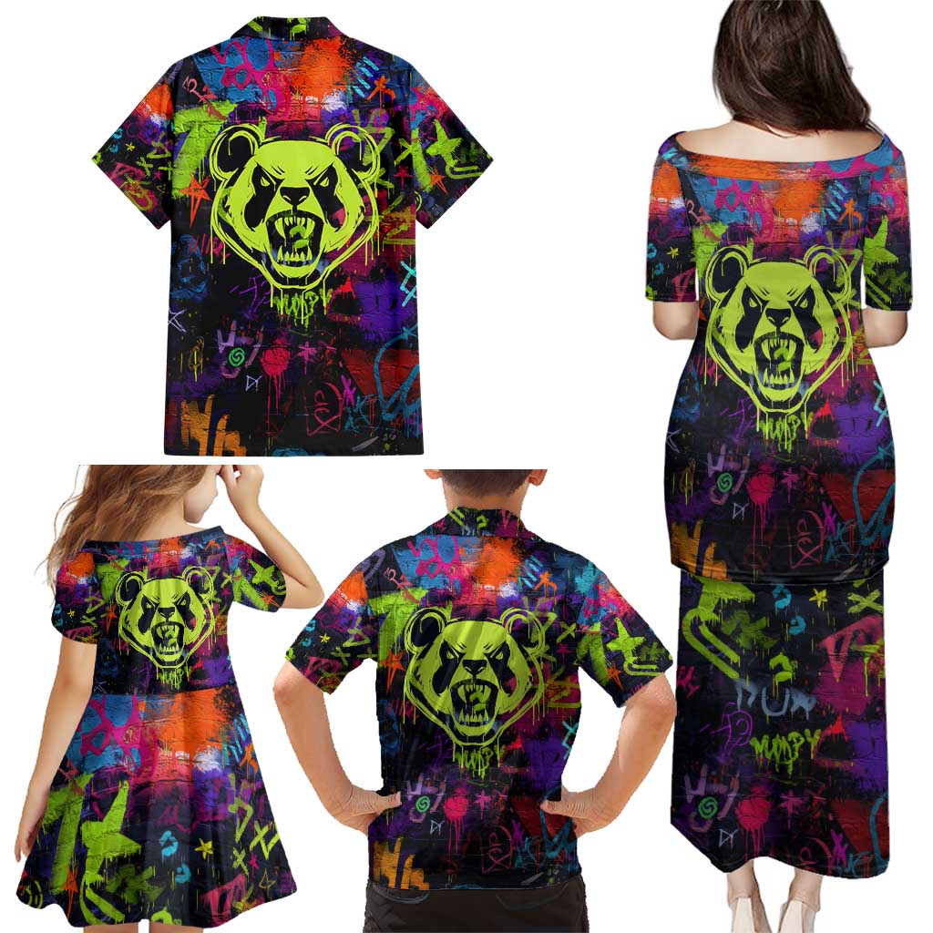 Graffiti Hip Hop Family Matching Puletasi and Hawaiian Shirt with Neon Bear and Street Artist Panda Design - Wonder Print Shop