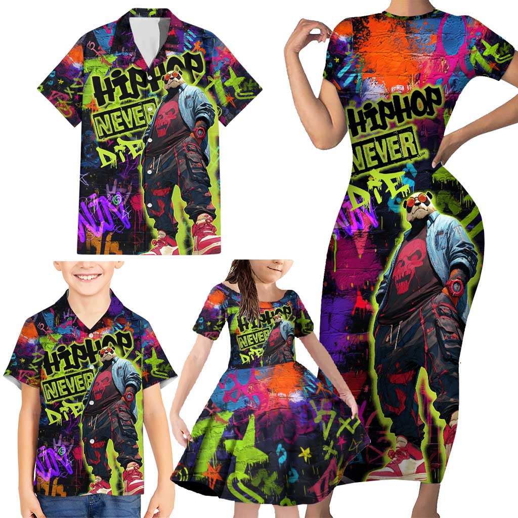 Graffiti Hip Hop Family Matching Short Sleeve Bodycon Dress and Hawaiian Shirt with Neon Bear and Street Artist Panda Design - Wonder Print Shop