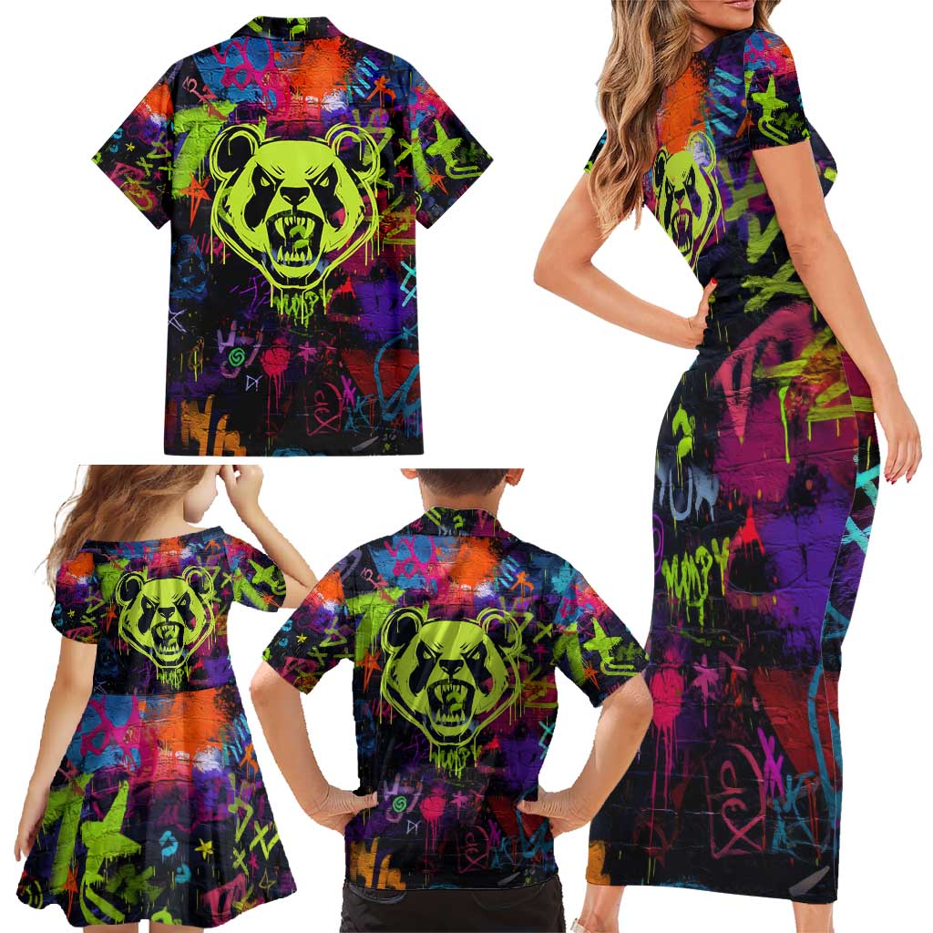 Graffiti Hip Hop Family Matching Short Sleeve Bodycon Dress and Hawaiian Shirt with Neon Bear and Street Artist Panda Design - Wonder Print Shop