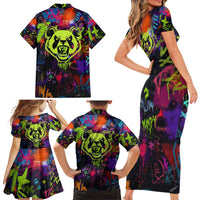 Graffiti Hip Hop Family Matching Short Sleeve Bodycon Dress and Hawaiian Shirt with Neon Bear and Street Artist Panda Design - Wonder Print Shop
